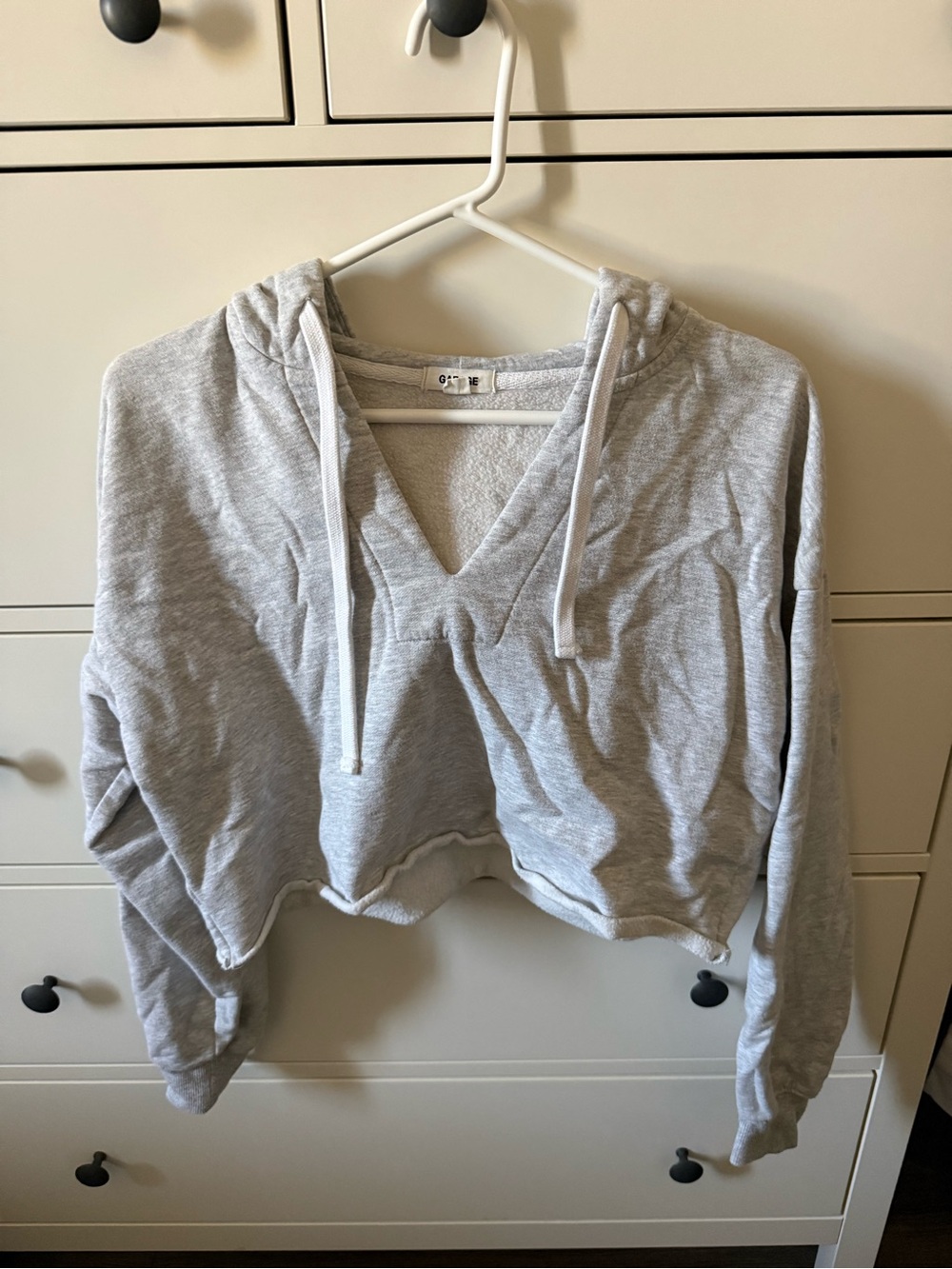 Cropped V-Neck Hoodie Sweatshirt - Light Gray